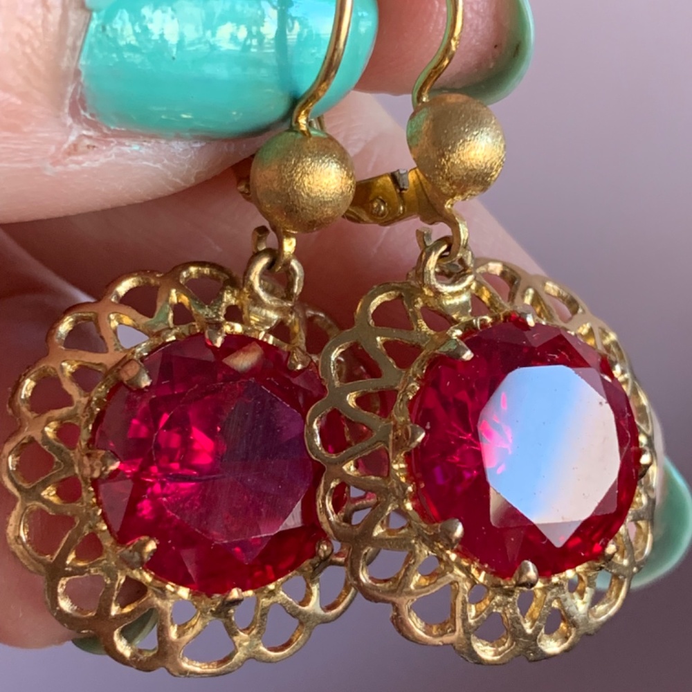 Vintage 14k Gold Huge Synthetic Ruby Dangle Drop … - image 5